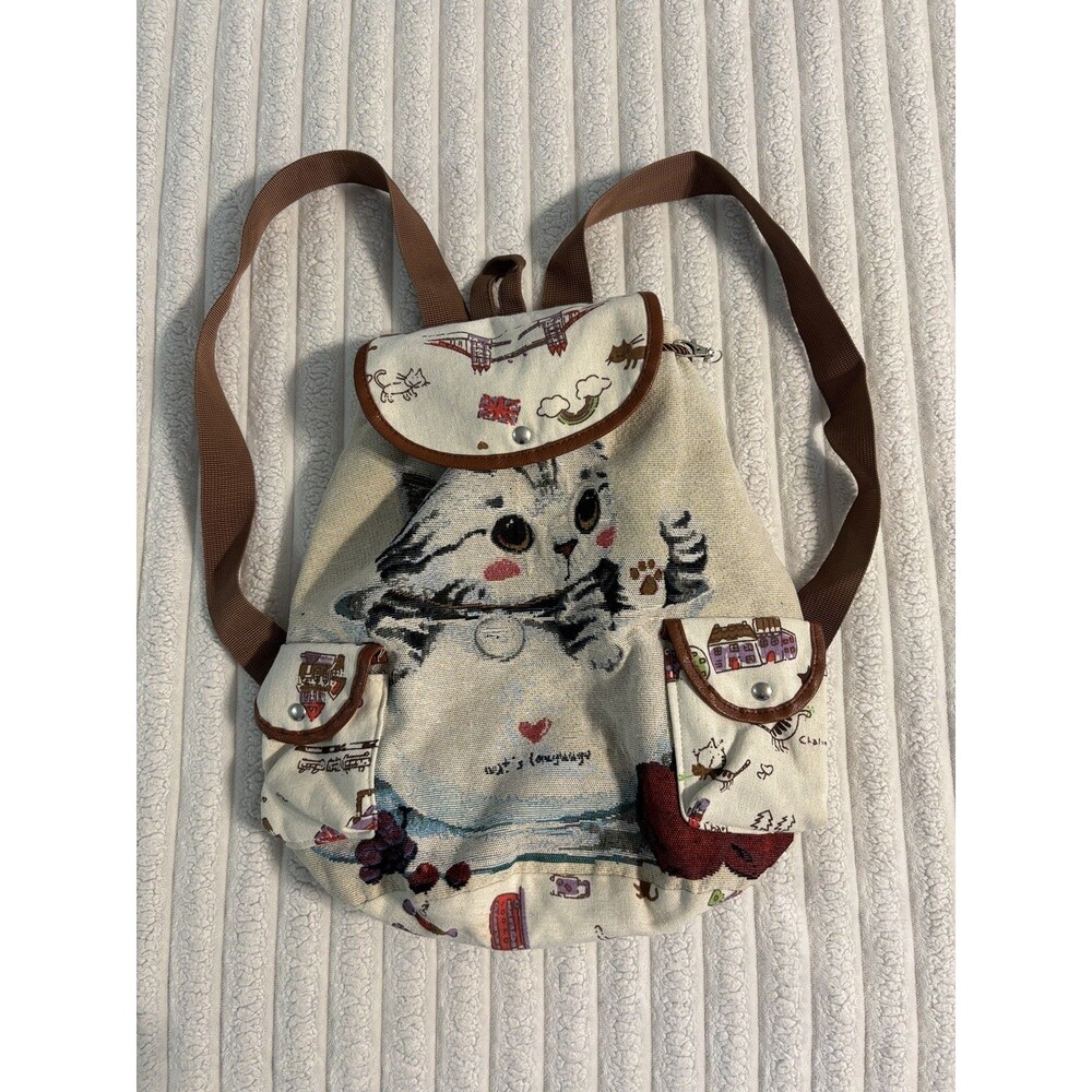 Kitty Cat Tapestry Cinch Bucket bag Backpack cream multicolor grandma core